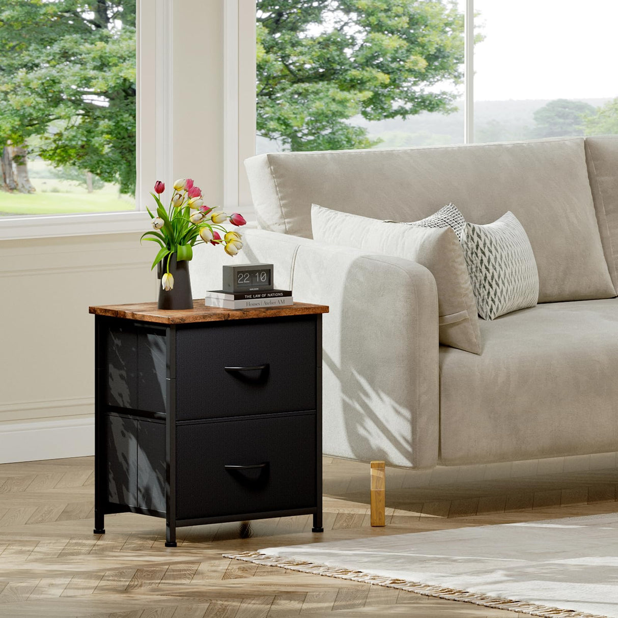 Somdot Nightstand with 2 Drawers, Bedside Table Small Dresser with Removable Fabric Bins for Bedroom Nursery Closet Living Room - Sturdy Steel Frame, Wood Top, Pull Handle - Black Somdot