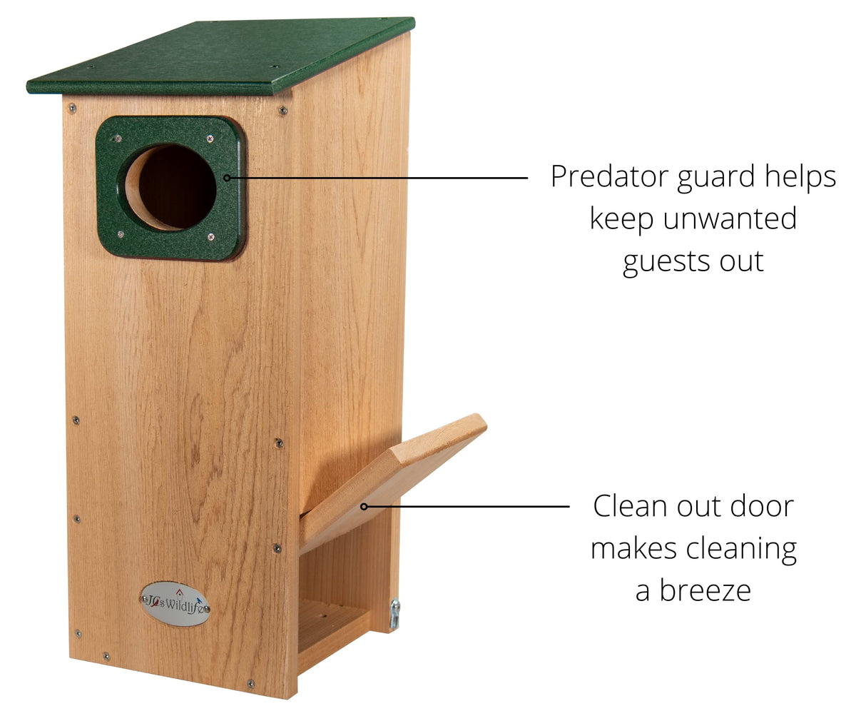 JCs Wildlife Cedar Wood Duck Nesting Box with Poly Lumber Roof - Mount in or at The Water's Edge to Attract Wood Ducks Nearby - Equipped with Clean Out Door and Drainage Holes (Green) JCs Wildlife