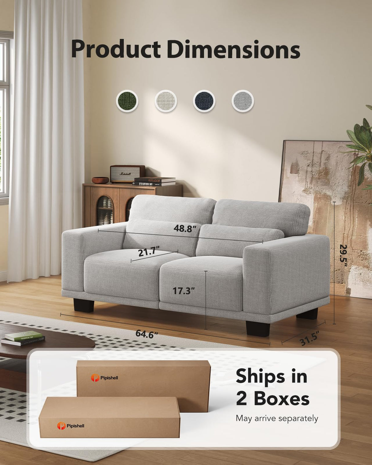 Pipishell Loveseat Couches for Living Room, 65" Modern Couch with Deep Seats and Wide Armrests, Comfortable Love Seat Sofa with Sturdy Frame, Easy to Clean with Removable Covers,Grey Pipishell