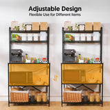 Home Limpidity Bakers Rack for Kitchen, 33-inch Wide Coffee Bar Station with Power Outlet, 5 Tier Microwave Stand Storage Shelf with S-Shaped Hooks, Metal Frame with Brown Wood Tabletop Home Limpidity