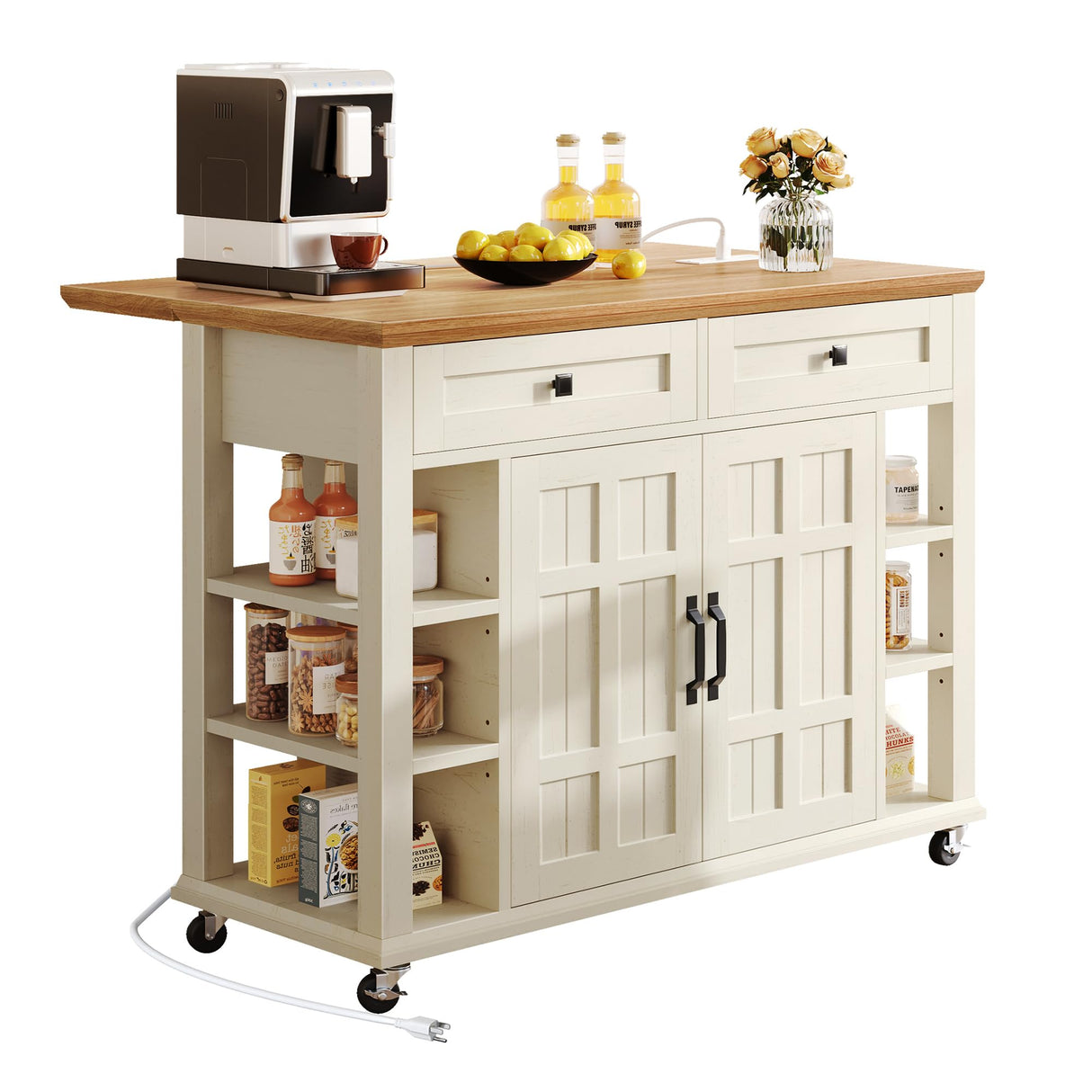 YITAHOME Kitchen Island with Drop Leaf, Mobile Storage Island with Power Outlet, Americana Rolling Kitchen Carts with Storage Shelves and Drawers, Island Table on Wheels for Dining Room, Beige YITAHOME