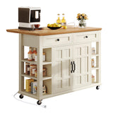 YITAHOME Kitchen Island with Drop Leaf, Mobile Storage Island with Power Outlet, Americana Rolling Kitchen Carts with Storage Shelves and Drawers, Island Table on Wheels for Dining Room, Beige YITAHOME