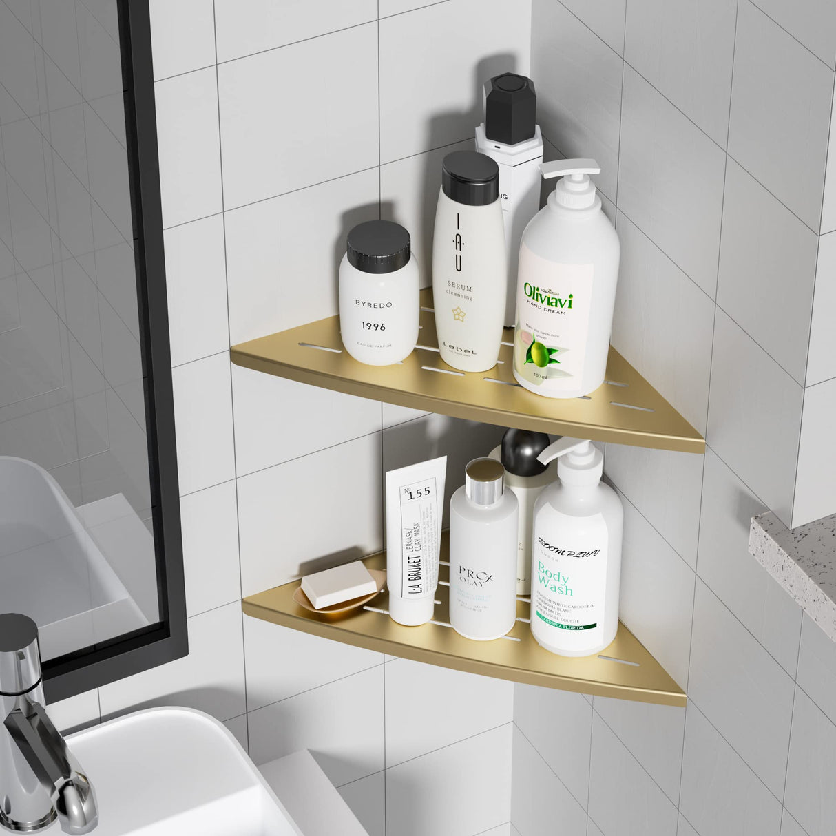 Qeke Corner Shower Shelf Brushed Golden, 304 Stainless Steel 11.5” Recessed Corner Shelf Bathroom for Tiled Wall, Floating Shower Shelves Shampoo Holder, No Drilling, 2 Pack Qeke