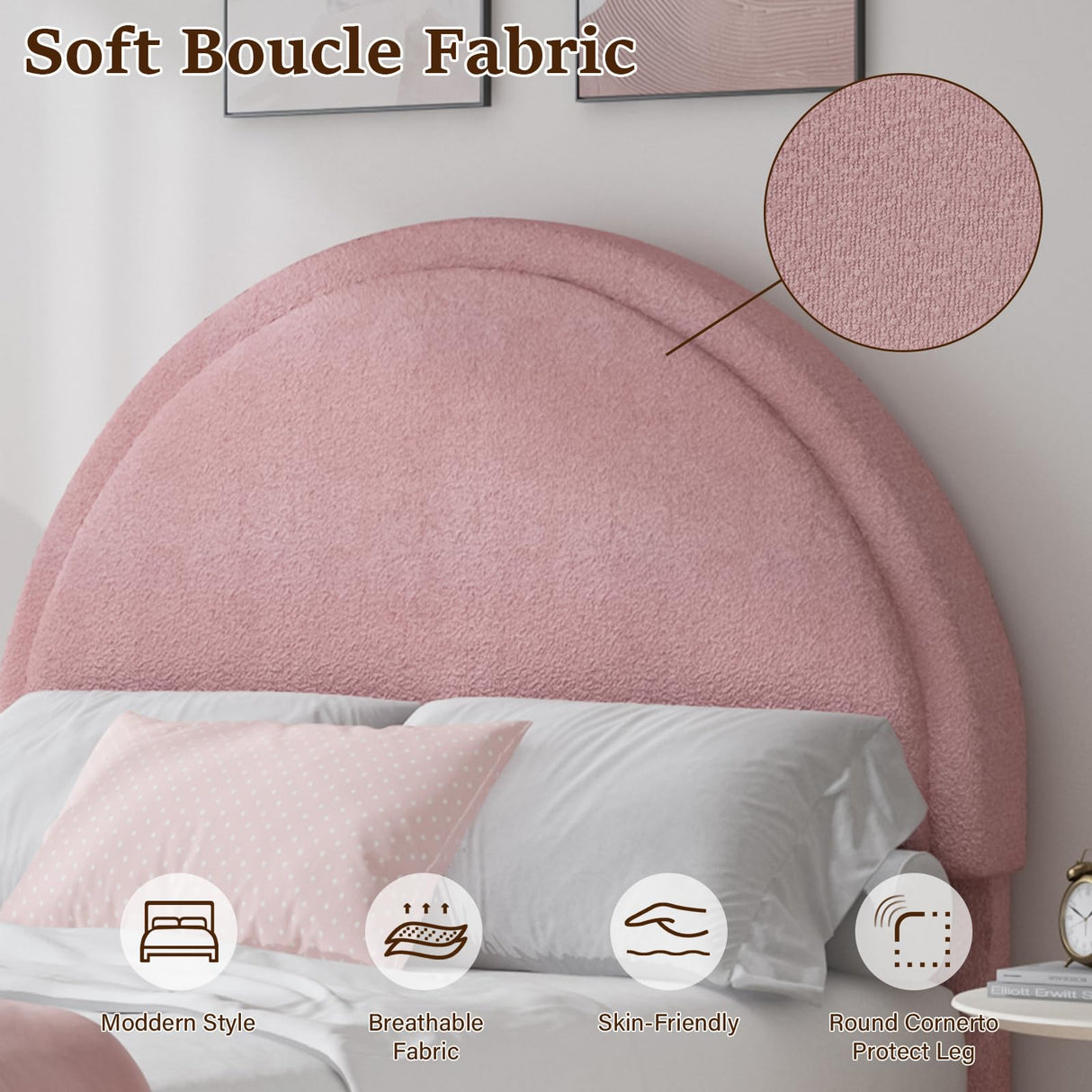 REVOMINCA Twin Size Bed Frame, Pink Twin Bed Frame, Boucle Upholstered Platform Bed Frame with Headboard, Soft Arch Shaped Round Headboard, No Box Spring Required, Easy Assembly, Pink REVOMINCA