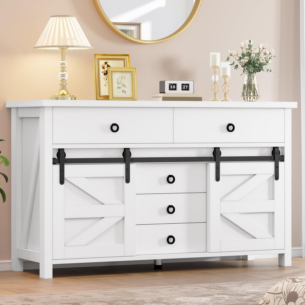 YITAHOME 54" Farmhouse Dresser for Bedroom, Large Modern Chest of Drawers, Wood Rustic Dresser TV Stand with 5 Drawers & 2 Sliding Barn Doors for Living Dining Room, Entryway, Hallway, White YITAHOME