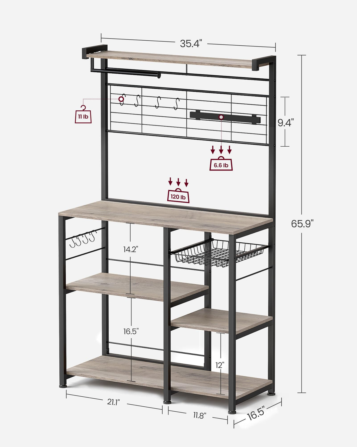 VASAGLE Greige and Black Bakers Rack with Magnetic Knife Holder, Paper Towel Holder, Wire Basket, and 8 Hooks for Organised Kitchen Storage VASAGLE