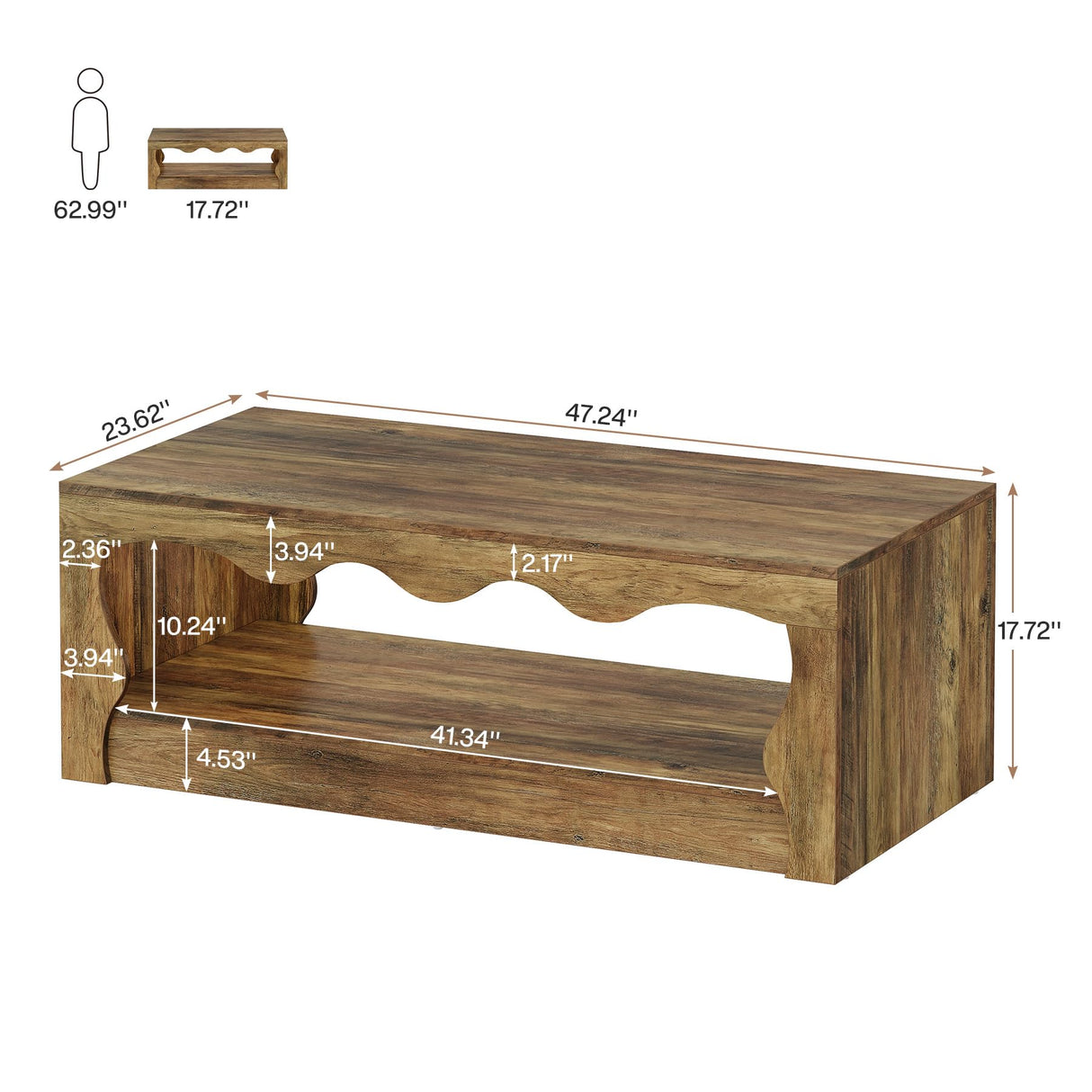 Tribesigns Rectangle Coffee Table, 47-Inch Farmhouse Coffee Tables for Living Room, 2-Tier Wooden Rectangular Accent Center Low Cocktail Tea Table with Open Storage Shelf, Rustic Brown Tribesigns