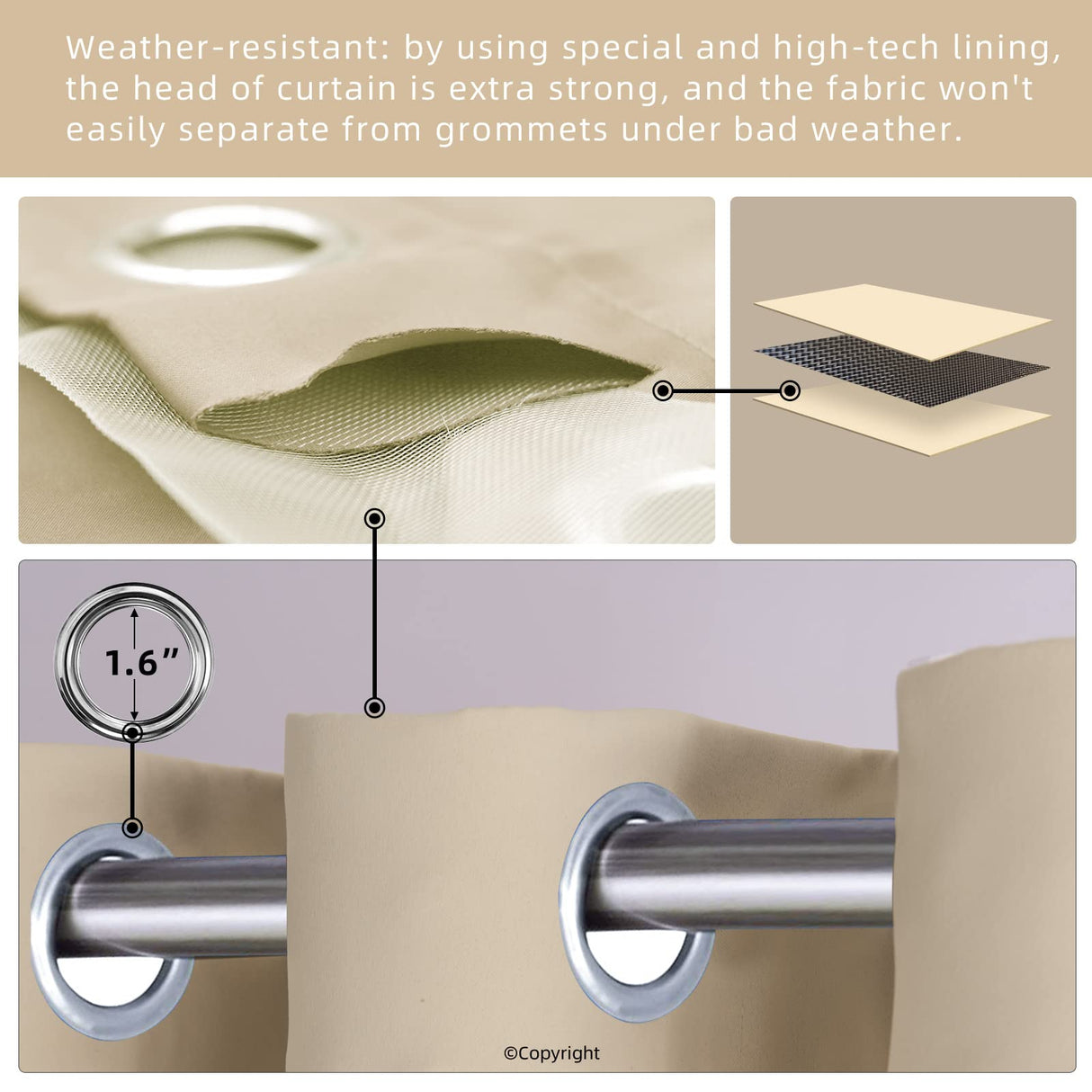 Waterproof Outdoor Curtain W52 x L84 - Grommet Top Sunlight Blocking Window Treatment Drapes Blackout Curtains for Home Bedroom Living Room Patio Porch Pergola Cabana Gazebo (Beige, 2 Panels) DIVA EN CAMINO DEC