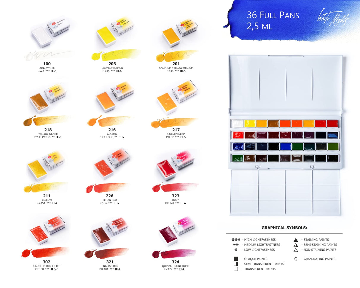 White Nights Professional Watercolor Set 36 Full Pans 2.5ml Extra Fine Artists Grade Pigments Vibrant and Lightfast Colors in Durable Plastic Box Art Supplies for Artists by Nevskaya Palitra Handy Stamps Quality Value Speedy Service