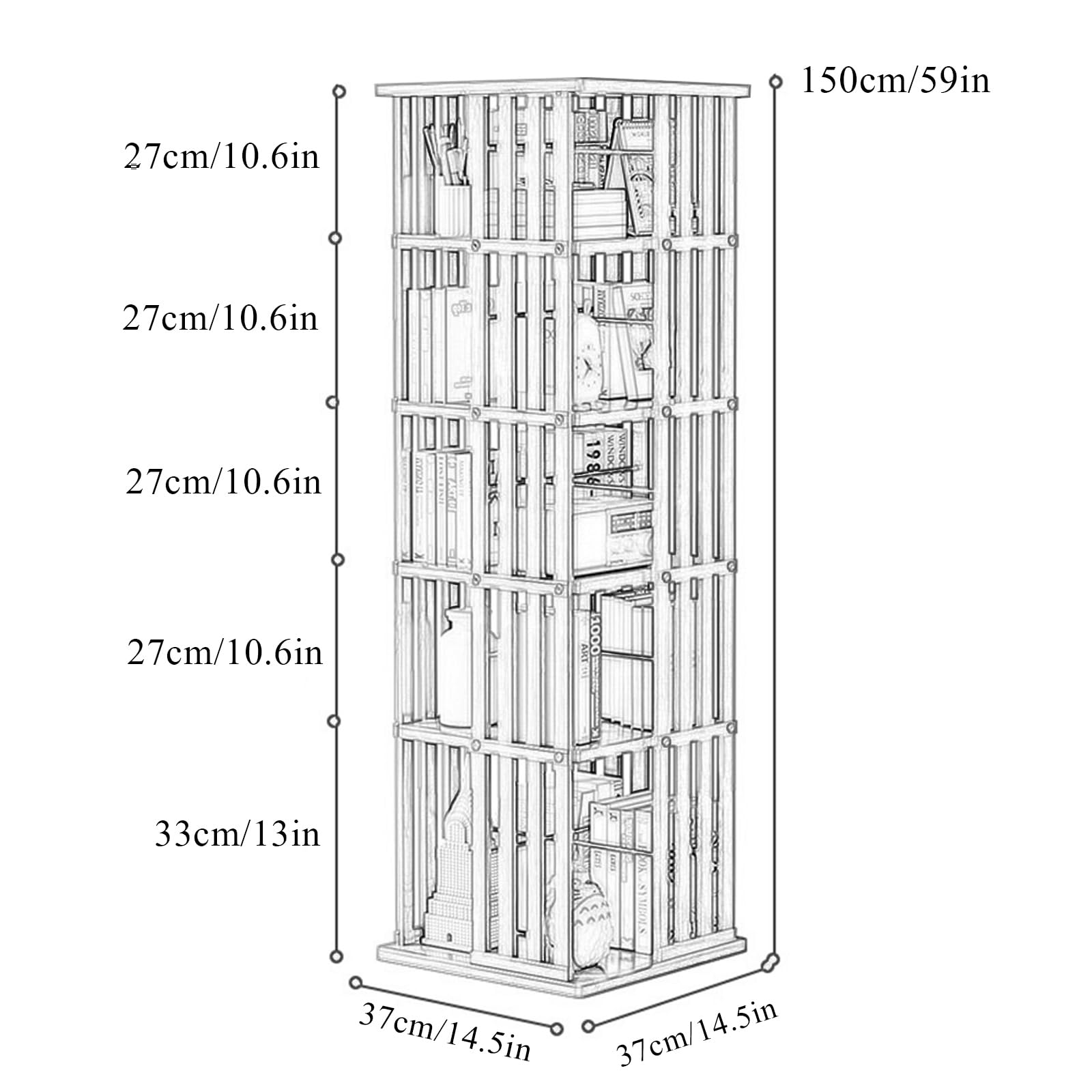 SUZEPER 360° Rotating Bamboo Bookshelf Tower – 5 Tier Floor Standing Storage Rack in Tan - WoodArtSupply