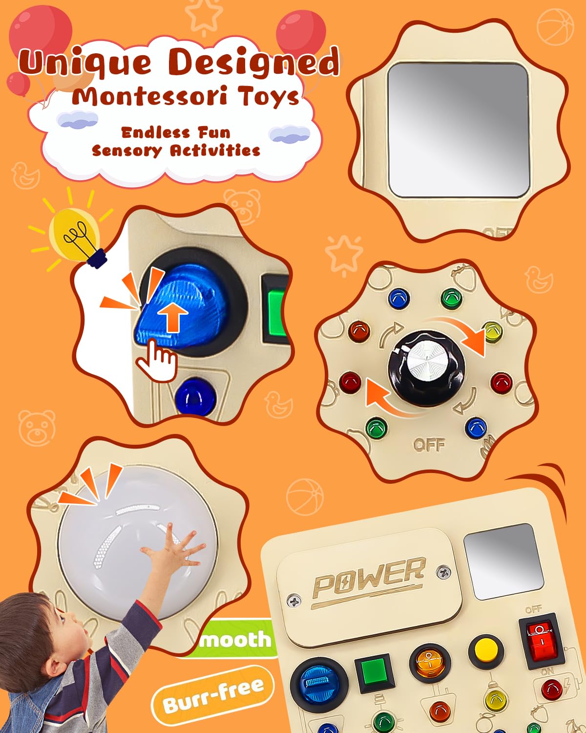 RCPLAGA Montessori Busy Board for 1-3 Toddlers: Wooden Sensory Busy Board Toy with LED Light Switch,Baby Travel Toy Preschool Learning Activities Board Christmas Birthday Gifts for Boys and Girls RCPLAGA