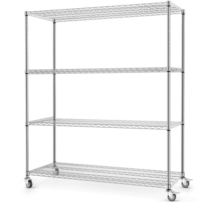 Rengue Wire Shelving with Wheels, 60"x 24"x72" Metal Storage Shelves, 4-Tier Heavy Duty Garage Storage Shelves, Chrome 2400LBS Capacity Wire Shelf Rack for Restaurant, Garage, Pantry, Kitchen