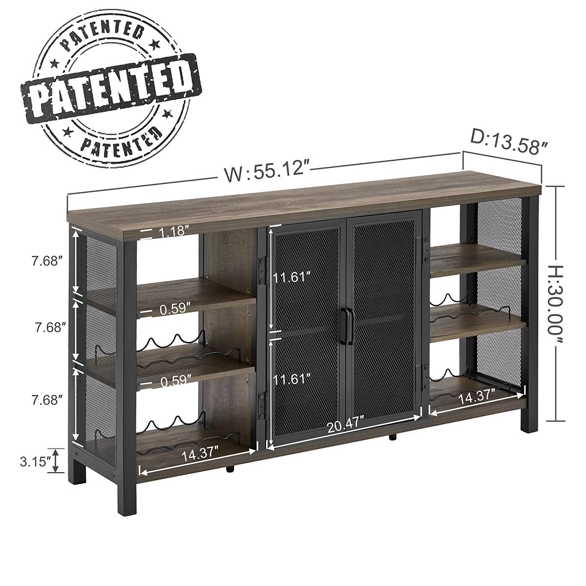 FATORRI Industrial Wine Bar Cabinet for Liquor and Glasses, Wood Coffee Bar with Wine Rack, Metal Sideboard and Buffet Cabinet (55 Inch, Walnut Brown) FATORRI