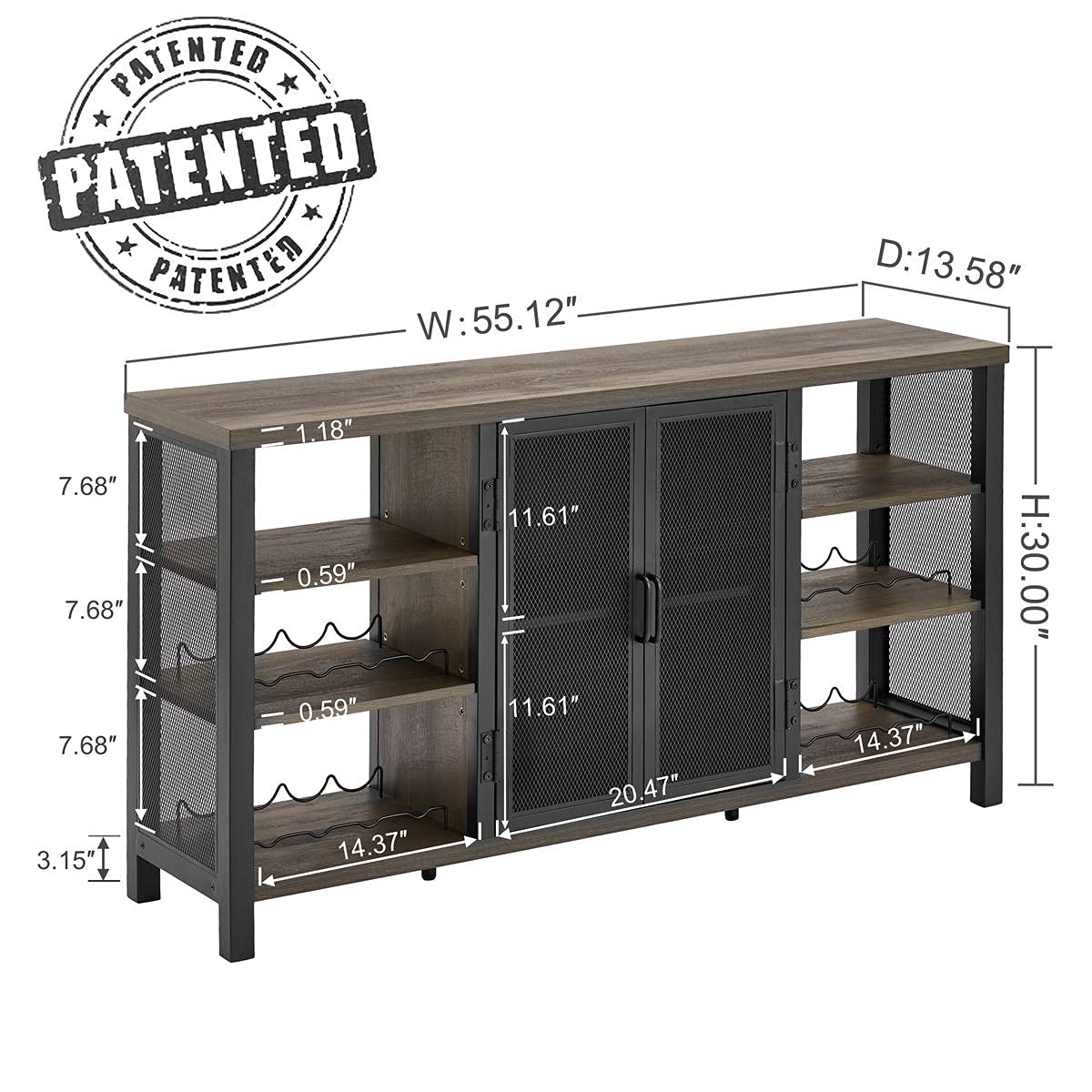 FATORRI Industrial Wine Bar Cabinet for Liquor and Glasses, Wood Coffee Bar with Wine Rack, Metal Sideboard and Buffet Cabinet (55 Inch, Walnut Brown)