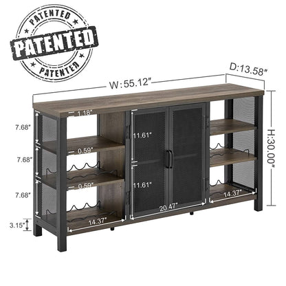 FATORRI Industrial Wine Bar Cabinet for Liquor and Glasses, Wood Coffee Bar with Wine Rack, Metal Sideboard and Buffet Cabinet (55 Inch, Walnut Brown)