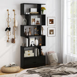 Tangkula Geometric S-Shaped Bookshelf with Cabinet - 6-Tier Freestanding Bookcase in Black for Home & Office Tangkula