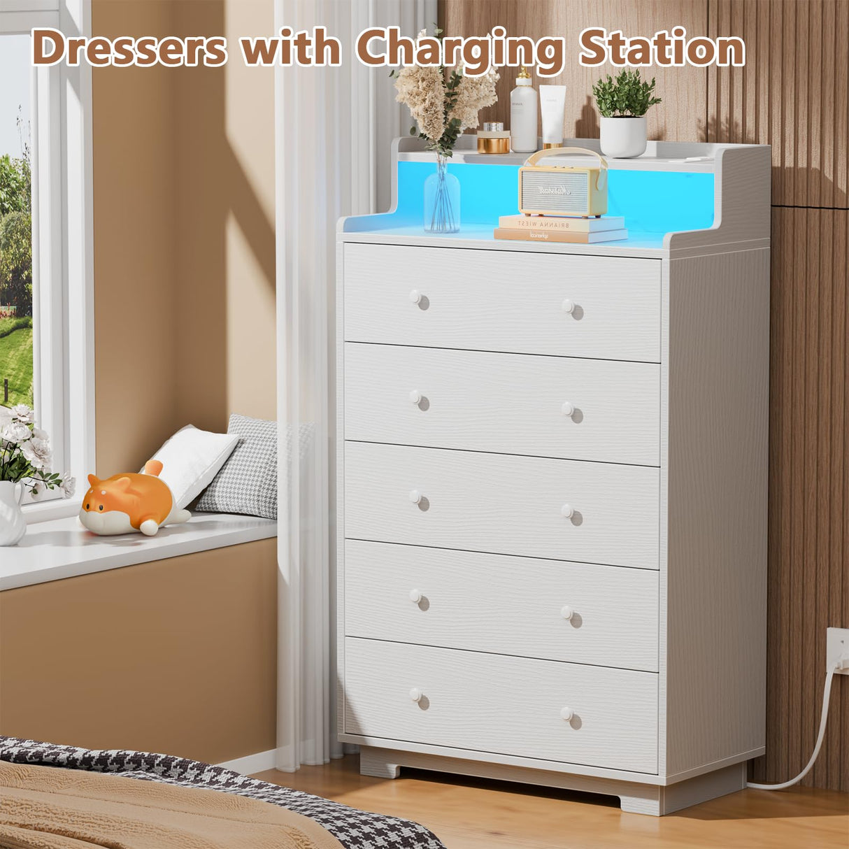 Furnulem Tall Chest of Drawers for Bedroom,5 Drawer Dresser with Charging Station and LED Light,Wood Deep Slide Drawer for Clothes,Blanket in Living Room, Closet,Entryway,White Dresser Furnulem
