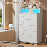 Furnulem Tall Chest of Drawers for Bedroom,5 Drawer Dresser with Charging Station and LED Light,Wood Deep Slide Drawer for Clothes,Blanket in Living Room, Closet,Entryway,White Dresser Furnulem