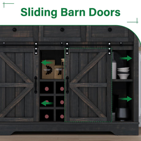 Kitchen Pantry Cabinet with Storage, 72'' Buffet Cabinet with Sliding Barn Doors, Farmhouse Coffee Bar Cabinet with 3 Drawers, Kitchen Pantry with Storage & Wine Rack for Dining Room, Dark Rustic Oak 4 EVER WINNER
