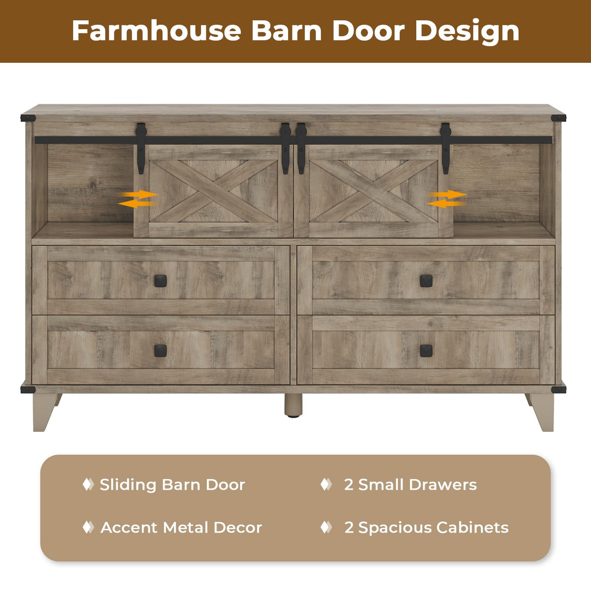 Hasuit Farmhouse 6 Drawers Dresser for Bedroom, Retro Chest of Drawers with Sliding Barn Door, Bedroom Long Storage Dressers Organizer, Rustic Oak Hasuit