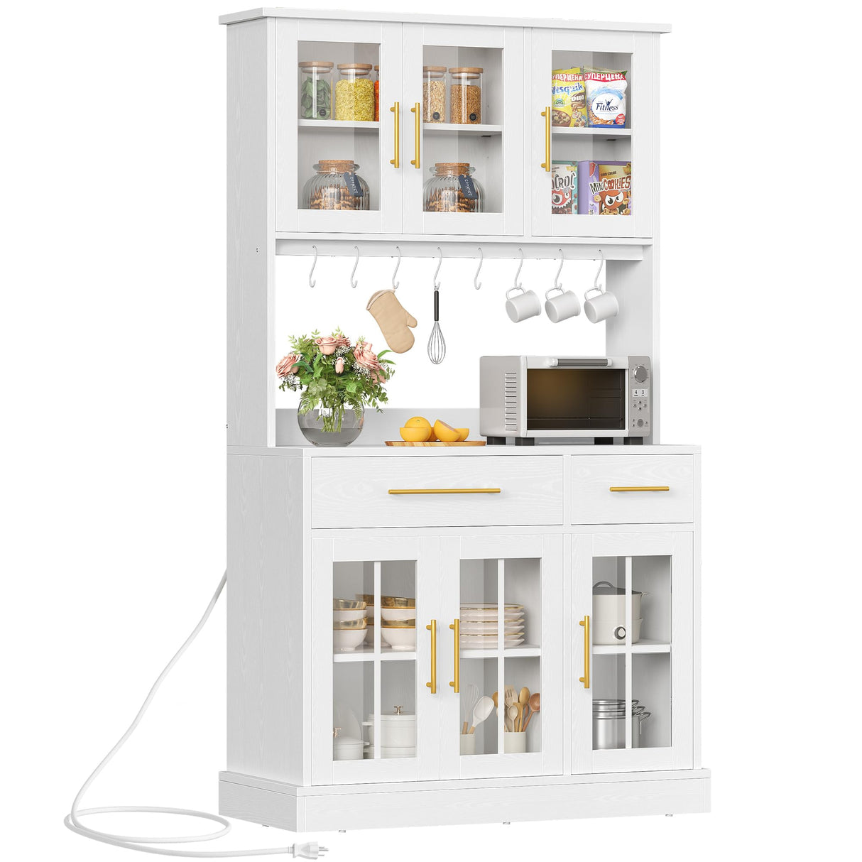 YITAHOME 71'' Kitchen Pantry Storage Cabinet with Microwave Stand, Tall Freestanding Hutch Cabinet with Power Outlet, Pantry Cabinet with Buffet Cupboard, Drawers and Acrylic Doors for Home, White YITAHOME
