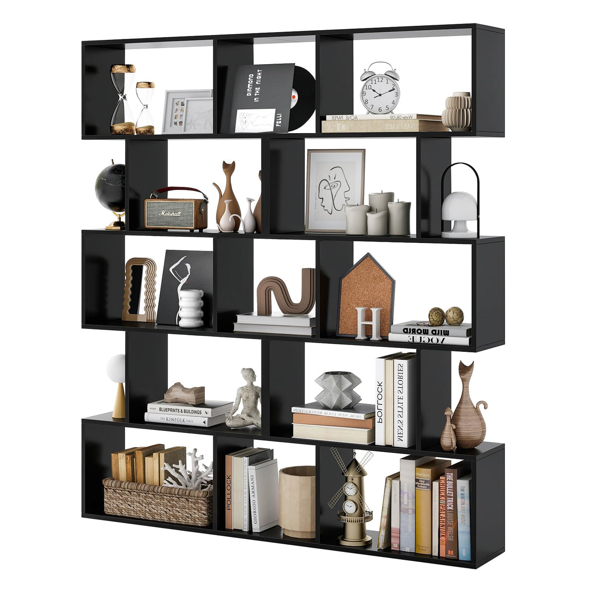Giantex 5-Tier Geometric Bookshelf Set of 2 Black, 62.5" Tall Wood S-Shaped Bookcase with Anti-Tipping Device, Floor Standing Display Shelf for Bedroom, Living Room, Study Giantex