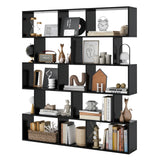 Giantex 5-Tier Geometric Bookshelf Set of 2 Black, 62.5" Tall Wood S-Shaped Bookcase with Anti-Tipping Device, Floor Standing Display Shelf for Bedroom, Living Room, Study Giantex