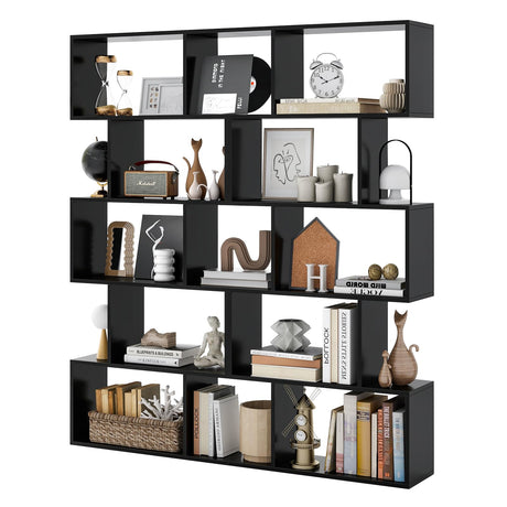 Giantex 5-Tier Geometric Bookshelf Set of 2 Black, 62.5" Tall Wood S-Shaped Bookcase with Anti-Tipping Device, Floor Standing Display Shelf for Bedroom, Living Room, Study Giantex