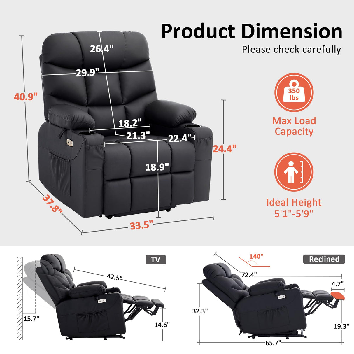 MCombo Power Lift Recliner Chair with Extended Footrest for Elderly People, Faux Leather 7287 (Black, Medium) MCombo