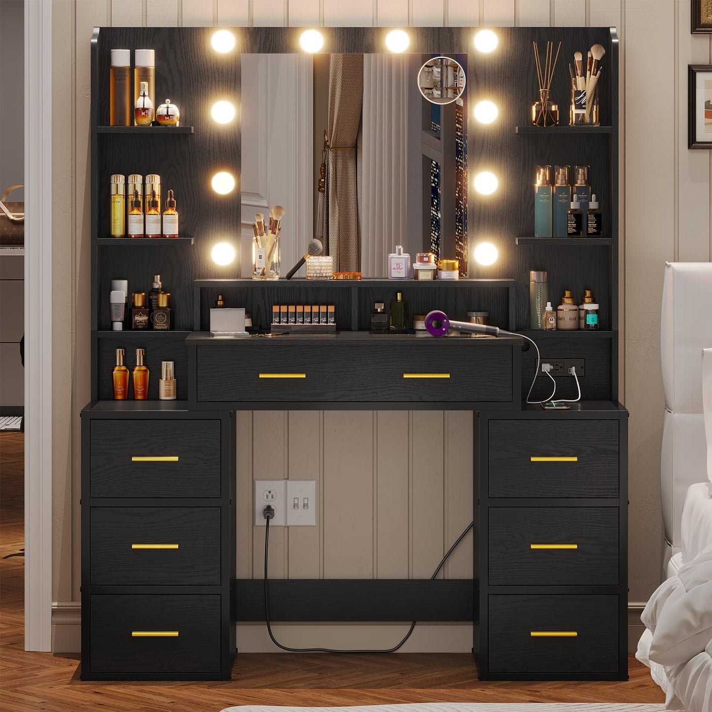 BTHFST Vanity Desk with Lights, Mirror, Charging Station - Black Wood Grain - WoodArtSupply