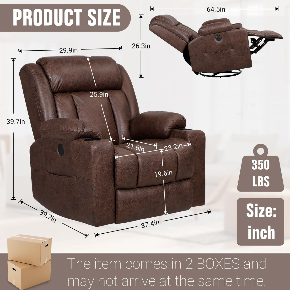 LAFWELL Retro Rocking Recliner Chair, Massage Rocker Recliner Chair with Vibration Massage and Heat, USB and Type-C Ports,360° Swivel Chairs,Living Room, Bedroom, Nursery, RV, Brown LAFWELL