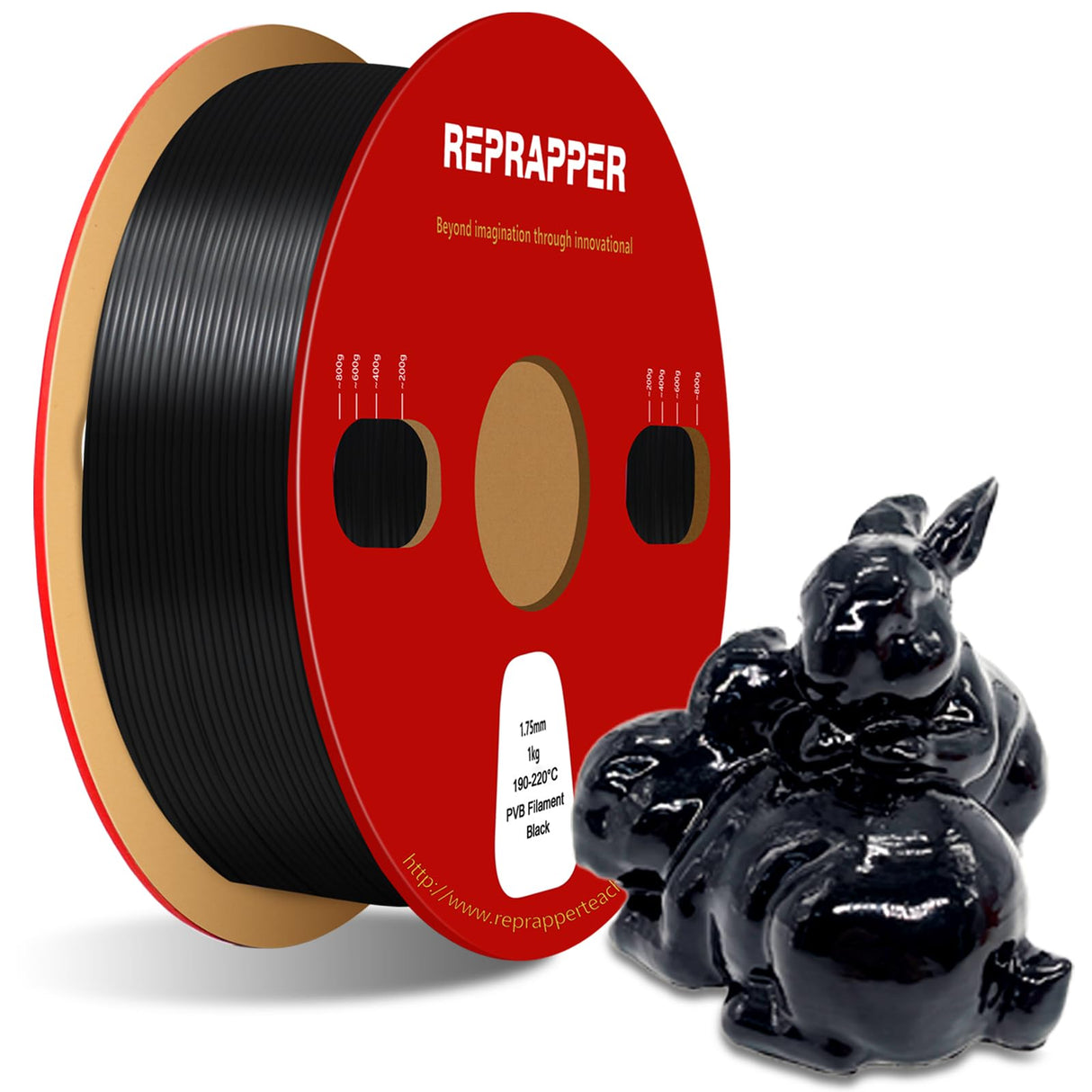 Reprapper Black PVB Filament for 3D Printer - Print Like PLA Filament 1.75mm Easy Smoothable Post Polishing with IPA Alcohol Smooth Finish 1kg (2.2 lbs), Black RepRapper