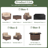 Aoxun 7 Piece Patio Furniture Set with Wide Armrests & 44” Fire Pit Table Wicker Rattan Outdoor Sectional Sofa Set with Coffee Table and Thickened Cushions, Brown/Beige(Waterproof Cover Included) Aoxun