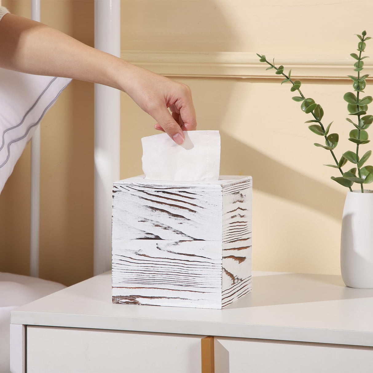 CATORY Tissue Box Cover, Wood Tissue Box Cover Square, Farmhouse Tissue Box Holder Covers Your Tissues, Decorative Tissue Cube Box Cover with Slide-Out Bottom (White) CATORY