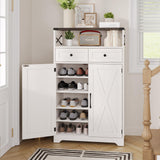 Maupvit 5-Tier Shoe Cabinet with Doors & 2 Drawers, Farmhouse Storage Cabinet with Adjustable Shelves, Wooden Freestanding Shoe Rack Organizer Cabinet for Entryway, Foyer, Hallway, Living Room, White Maupvit