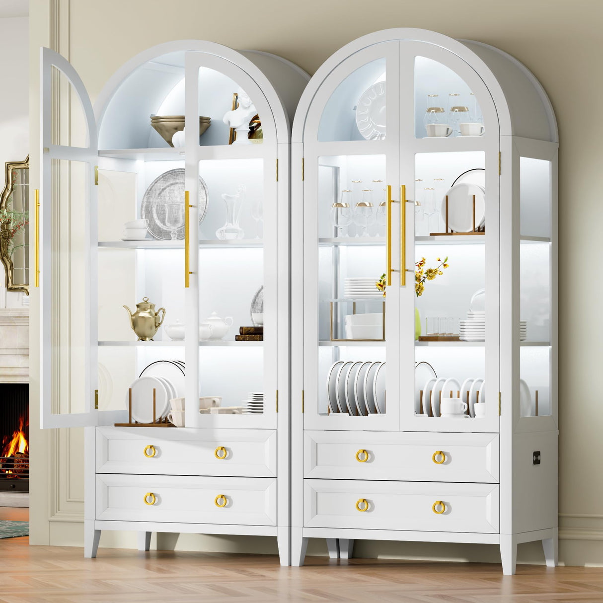 Vlsrka 71 Inch Arched Curio Cabinet, 4-Tier Display Cabinet and 2 Drawers, Tall Bookcase with 3 Color Lights, Display Case with Glass Doors, Kitchen Pantry, White Vlsrka