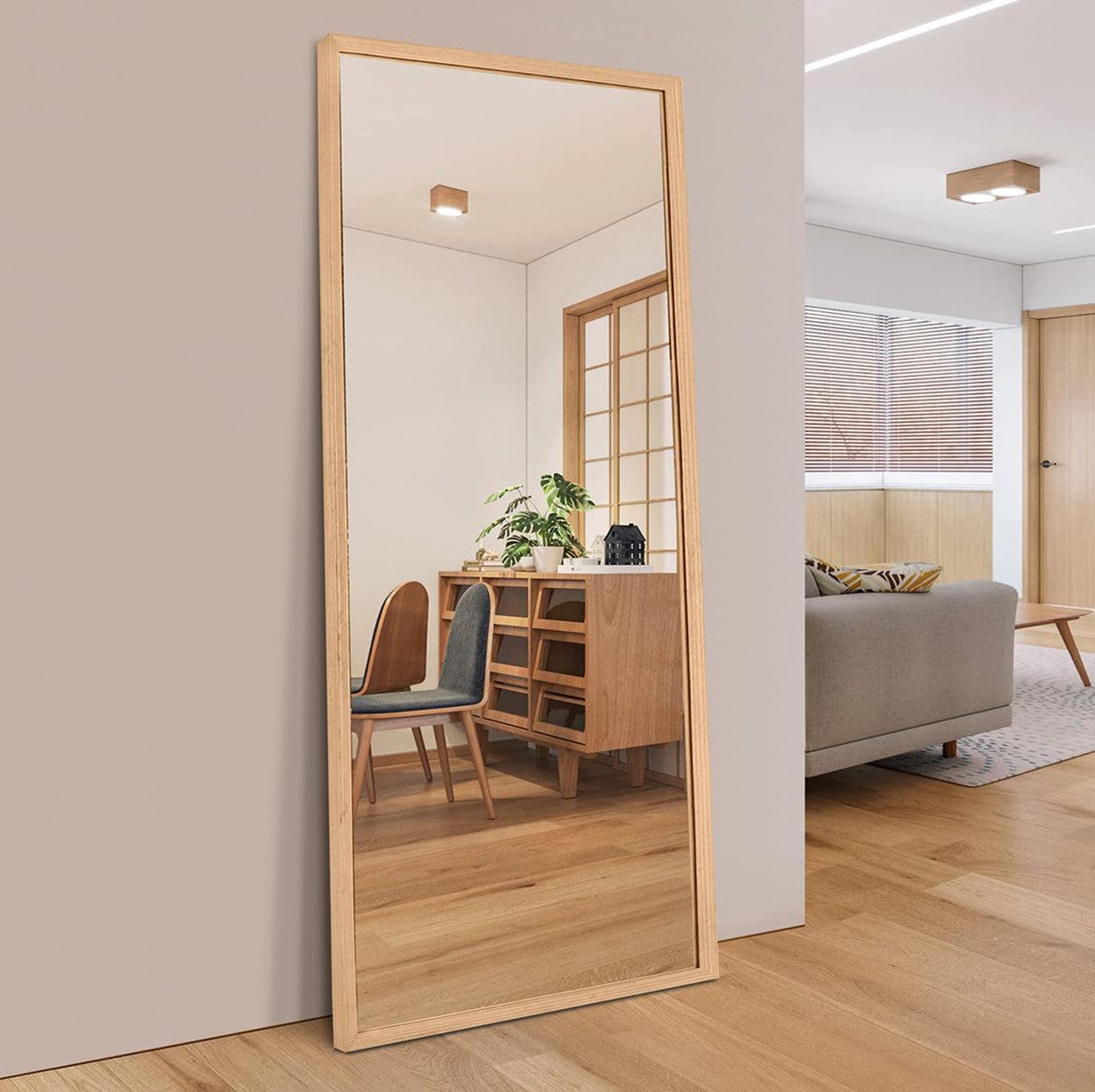 TheiaMo 65"×22" Wooden Full Length Mirror, Floor Mirror with Standing Holder Leaning/Hanging Mirror Wood Frame Large Wall-Mounted Mirror for Bedroom/Living Room, Solid Wood TheiaMo