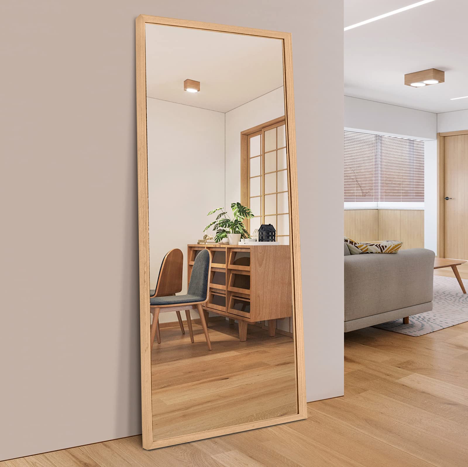 TheiaMo 65"×22" Wooden Full Length Mirror, Floor Mirror with Standing Holder Leaning/Hanging Mirror Wood Frame Large Wall-Mounted Mirror for Bedroom/Living Room, Solid Wood - WoodArtSupply