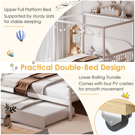 KOMFOTT Space-Saving Full Wood Canopy Bed with Twin Trundle for Kids - Easy Assembly in White KOMFOTT