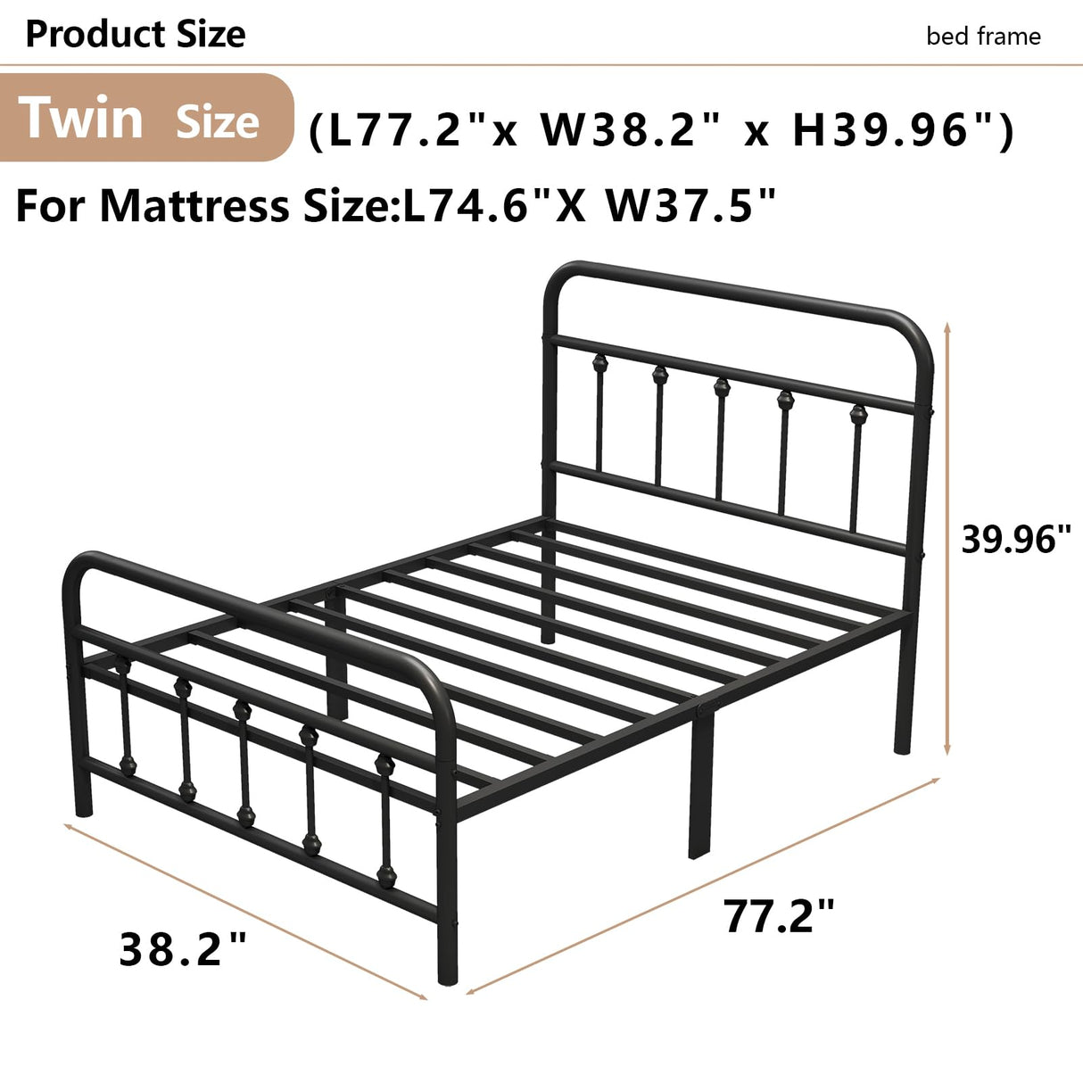 Vengarus Metal Bed Frame,Twin Size Bed Frame with Headboard,Structurally Stable, Heavy Duty Steel Slat Supported,Under Bed Storage,No Box Spring Needed,14 Inch,Black Vengarus