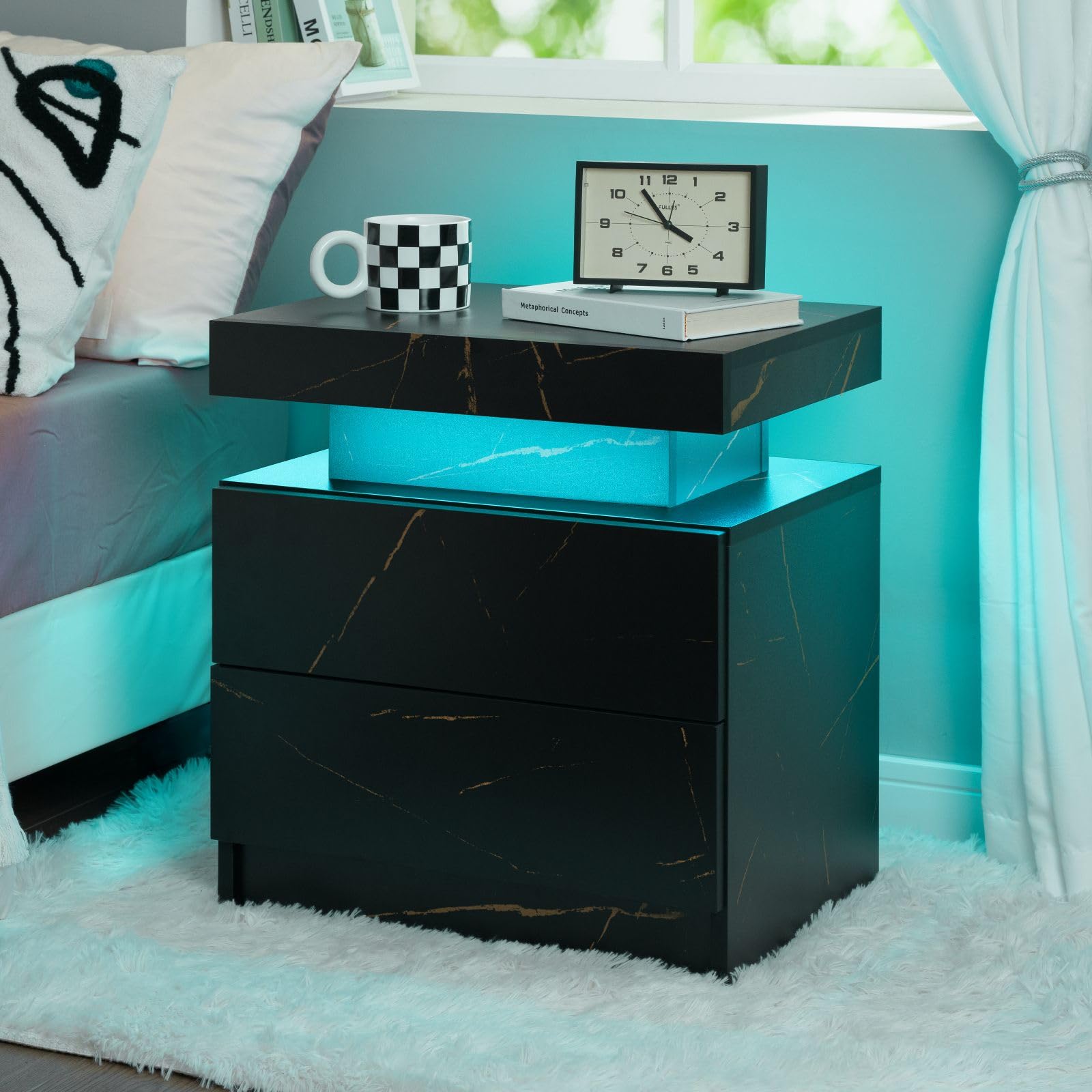 i-aplus LED Nightstand LED Bedside Table with 2 Drawers, Wooden Cabinet Unit with LED Lights for Bedroom, End Table Side Table for Bedroom Living Room… - WoodArtSupply