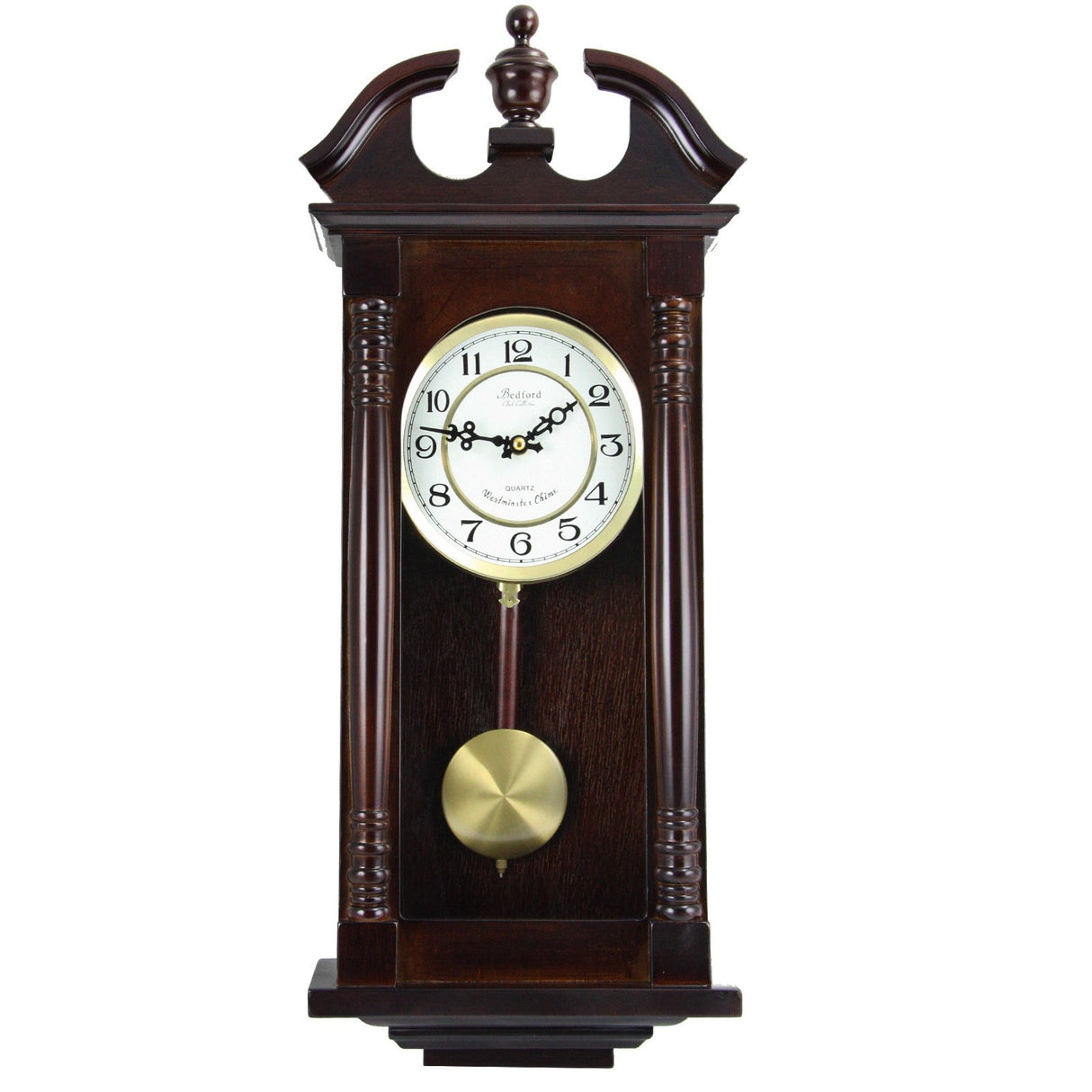 Bedford Clock Collection Classic Chiming Wall Clock with Swinging Pendulum in Cherry Oak Finish, 4.75" L x 11.75" W x 27.50" H Bedford Clock Collection