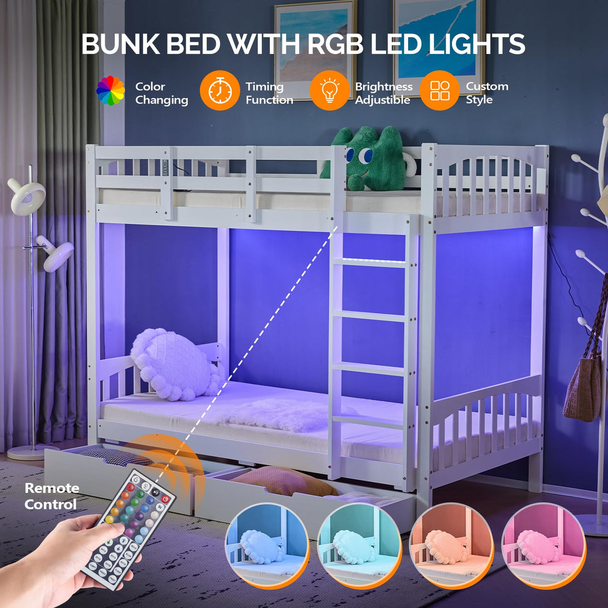 VINGLI Bunk Bed Twin Over Twin with 2 Storage Drawers/RGB LED/Charging Station, Convertible Solid Wood Bunk Bed Frame with Ladders, White VINGLI