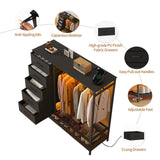 Dresser for Bedroom, Dresser with Hanging Rack Led Lights and Charging Station, Black Bedroom Dresser with 5 Fabric Chest of Drawers with PU Finish Storage Organizer, for Living Room Kids Room, Black SOOWERY