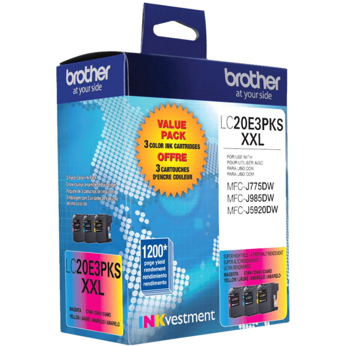Brother Genuine High Yield Color Ink Cartridge, 3 Pack of LC20E, Replacement Color Ink Three Pack, Includes 1 Cartridge Each of Cyan, Magenta & Yellow, Page Yield Up to 1200 Pages/Cartridge, LC20E Brother