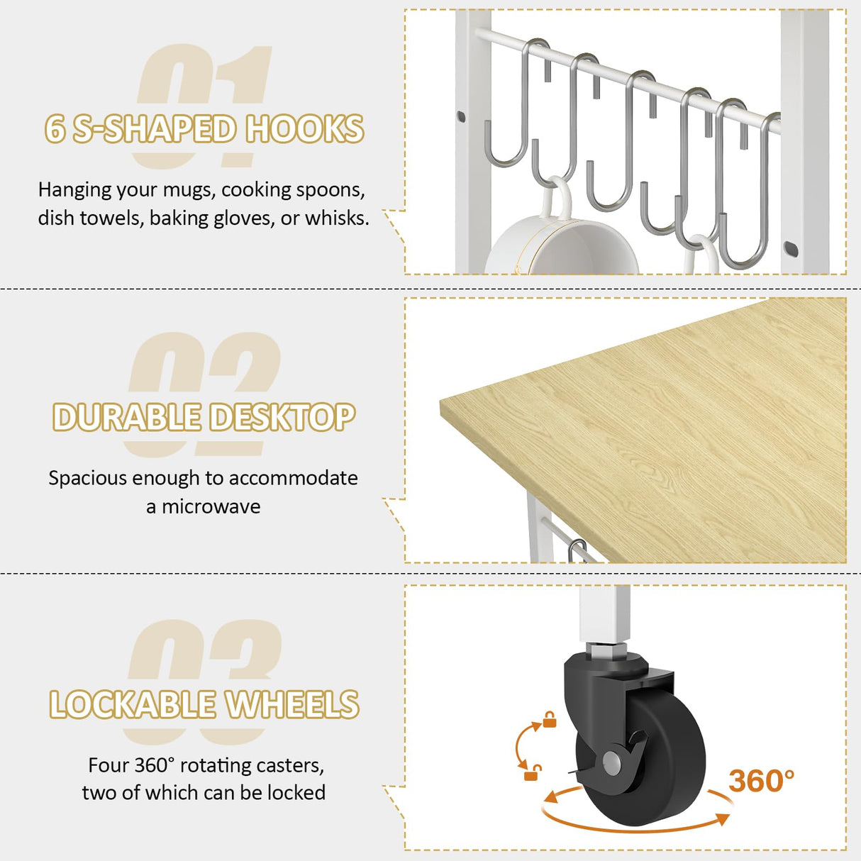 ThreeHio Rolling Kitchen Microwave Cart, 3 Tier Microwave Table Stand with Adjustable Shelf, Kitchen Storage Rack on Wheels, Coffee Station Cart Rack Shelf Organizer for Living Room Office, Balcony ThreeHio