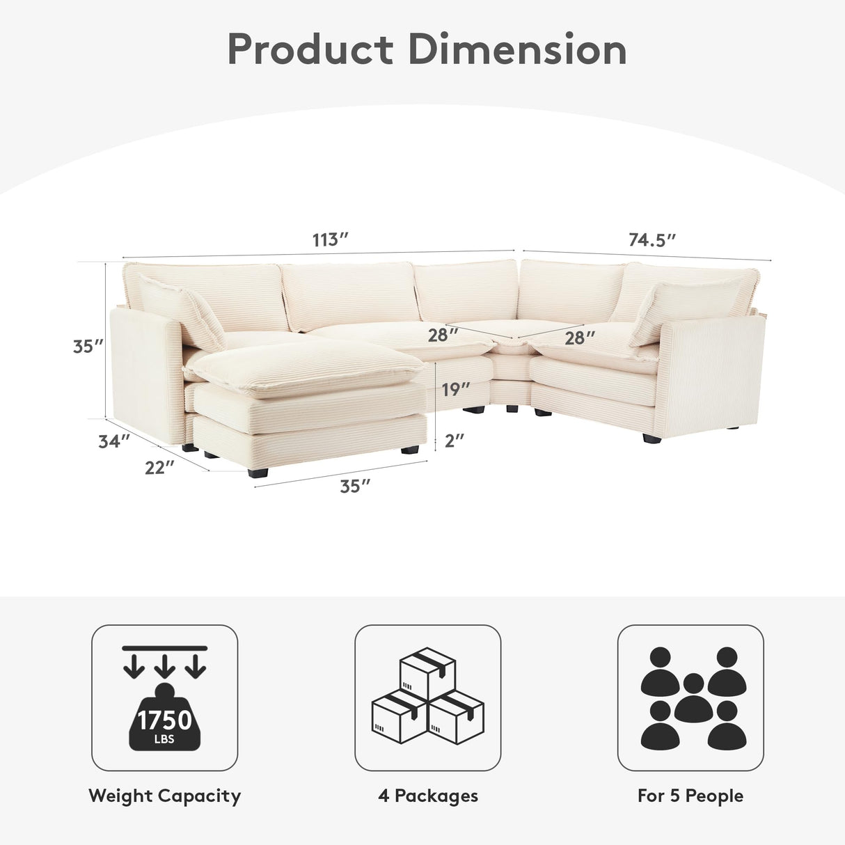 ROWHY 113'' Modular Sectional Cloud Couch, 5 Seater Corner Sofa Big Comfy Corduroy Oversized L Shaped Couch with 2 Pillows, Chaise, Ottoman, Deep Seat Sectional Couches for Living Room Office, Beige ROWHY