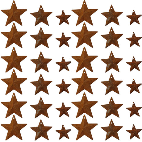 YOOHUA 33PCS 3 Sizes Metal Rusty Barn Star 1 Inch 1.5 Inch 2 Inch Mini Hanging Star Antique Primitives Rustic Country Tin Steel Stars Accents for DIY Crafts Vintage Farmhouse Home Door Wall Decor YOOHUA