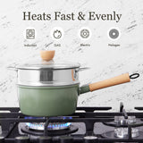 ROCKURWOK Ceramic Nonstick Sauce Pan with Lid, 2 Quart Cooking Pot, Small Saucepan with Steamer, PTFE& PFAS-Free, Wooden Handle for Cool Touch, Universal Base(Gas, Electric & Induction), Green ROCKURWOK