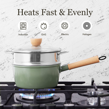 ROCKURWOK Ceramic Nonstick Sauce Pan with Lid, 2 Quart Cooking Pot, Small Saucepan with Steamer, PTFE& PFAS-Free, Wooden Handle for Cool Touch, Universal Base(Gas, Electric & Induction), Green ROCKURWOK
